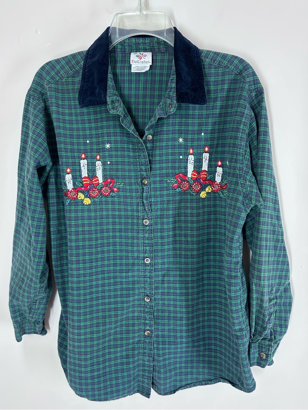 VTG 90s Nutcracker Christmas Plaid Embroidered Button Down Shirt Velvet Collar L
